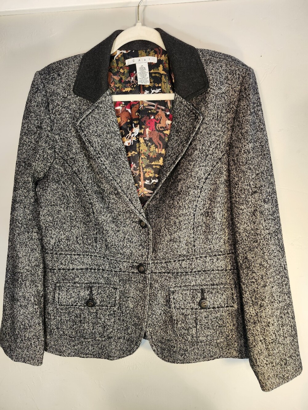 CAbi Gray & Black Harringbone Blazer with Black Collar Classic